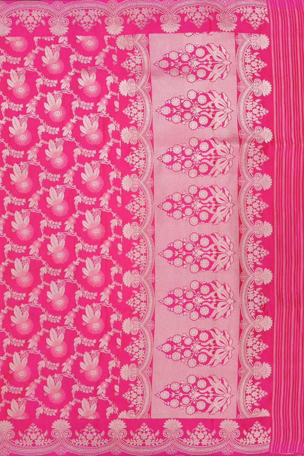 Banarasi Silk Saree In Rani Pink With Floral Design