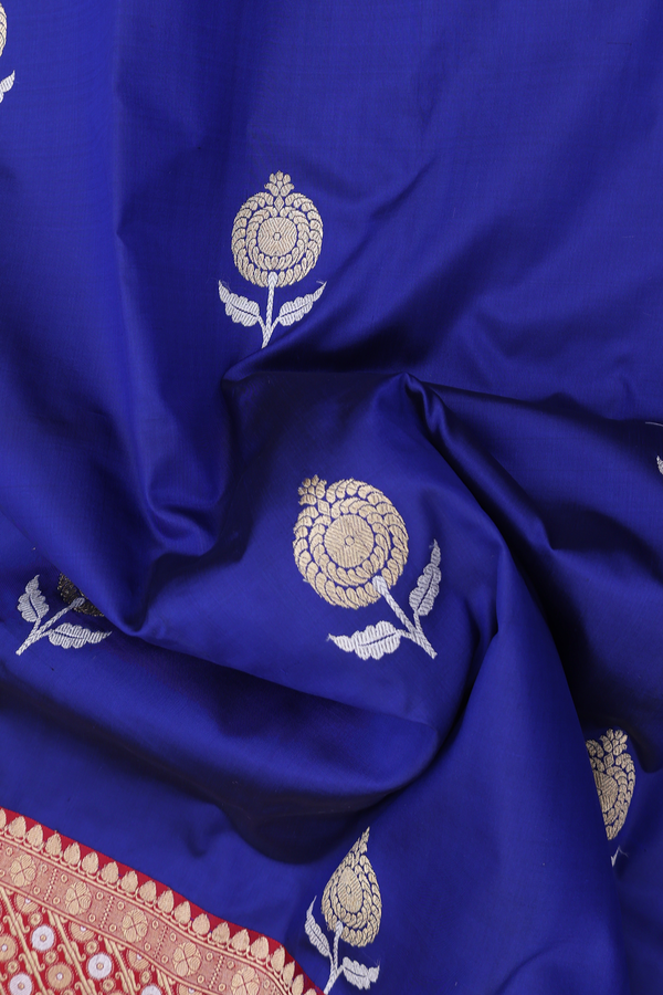 Banarasi Silk Saree In Royal Blue With Floral Motifs
