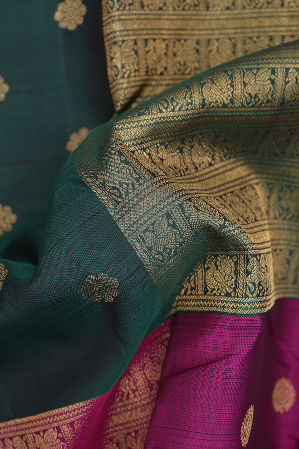 Kanchipuram Silk Saree In Purple And Green With Zari Buttas