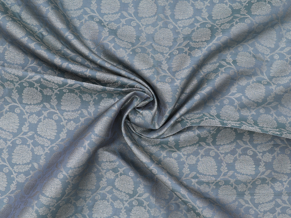 Floral Design Turkish Blue Kanchipuram Silk Blouse Material