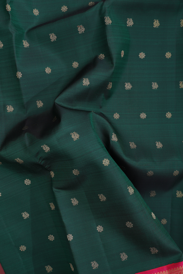 Kanchipuram Silk Saree In Forest Green With Peacock Buttas