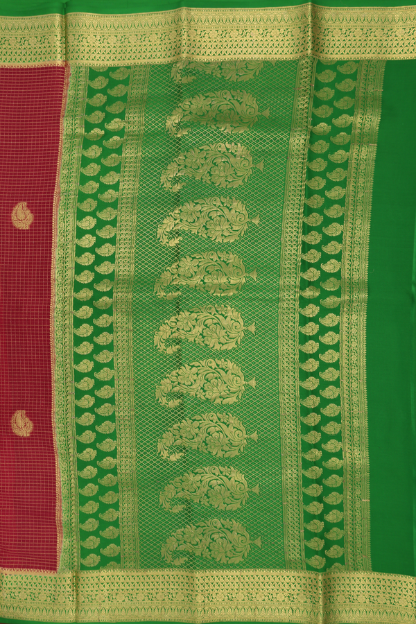 Mysore Silk Saree In Ruby Red With Checks Design
