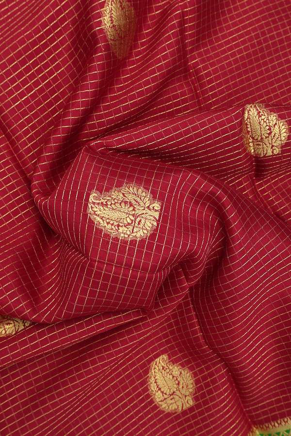 Mysore Silk Saree In Ruby Red With Checks Design