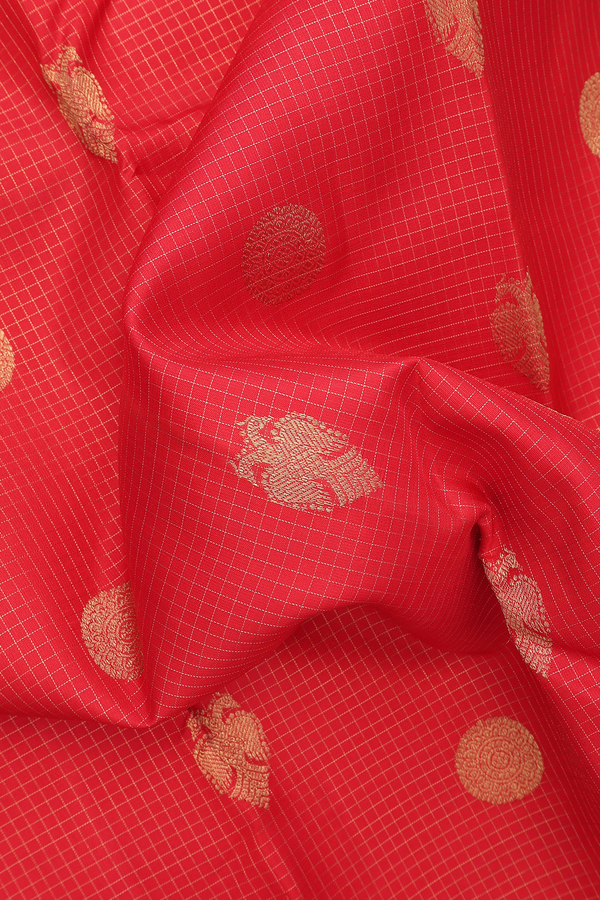 Kanchipuram Silk Saree In Chilli Red Along Checks With Buttas