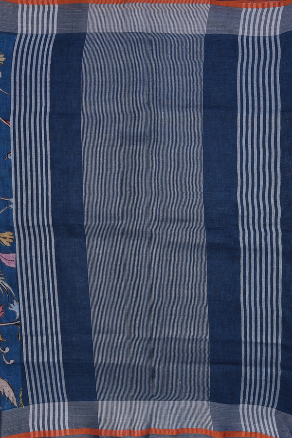 Linen Saree In Capri Blue With Floral Printed Design