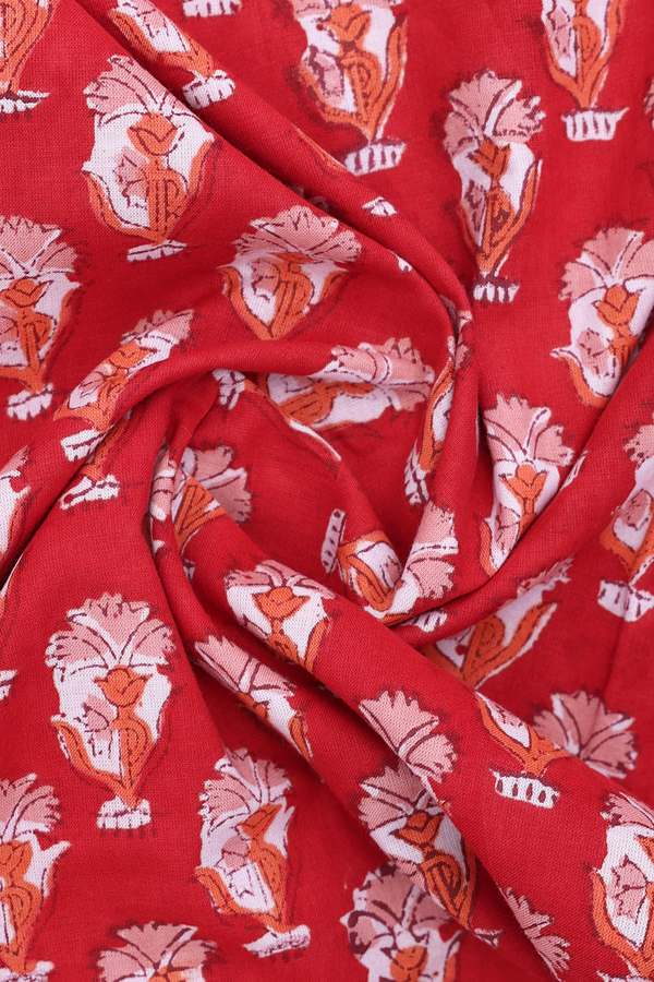 V-Neck Printed Design Red Jaipur Cotton Long Kurta