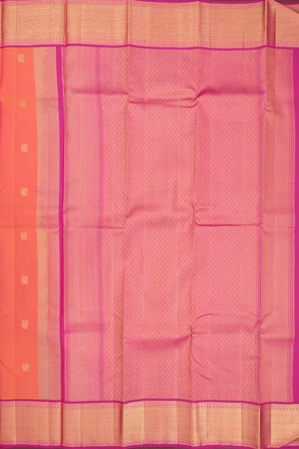 Kanchipuram Silk Saree In Coral Orange With Peacock Buttas