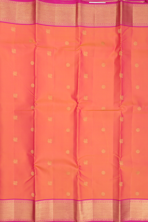 Kanchipuram Silk Saree In Coral Orange With Peacock Buttas