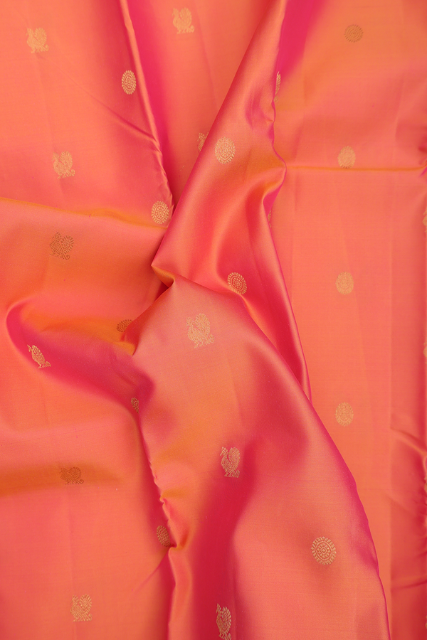 Kanchipuram Silk Saree In Coral Orange With Peacock Buttas