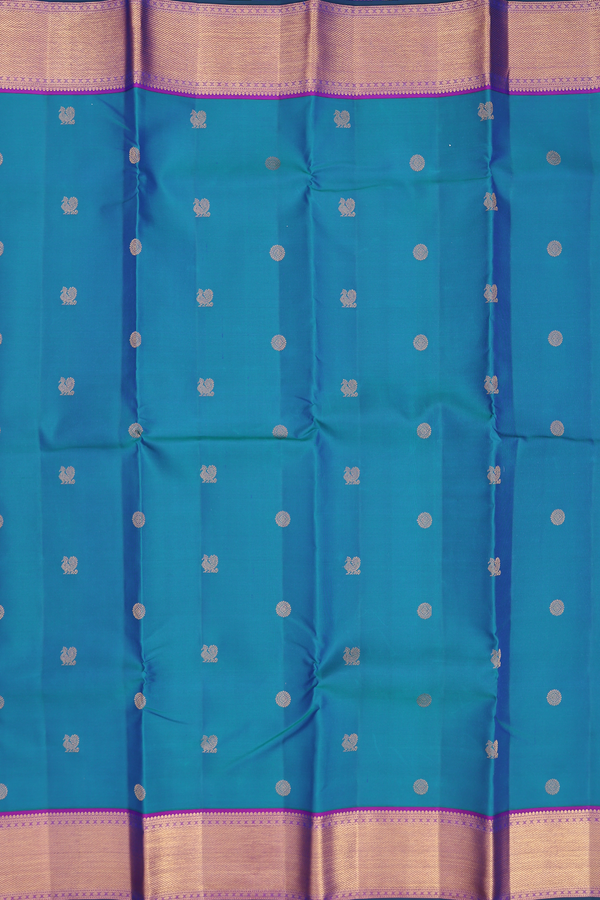 Kanchipuram Silk Saree In Peacock Blue With Peacock Buttas