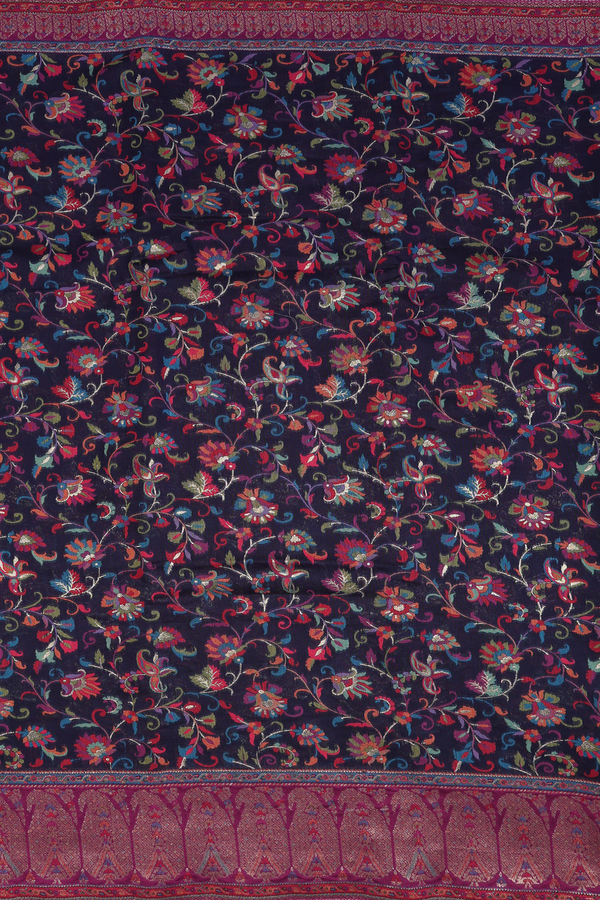Pashmina Silk Saree In Navy Blue With Floral Design