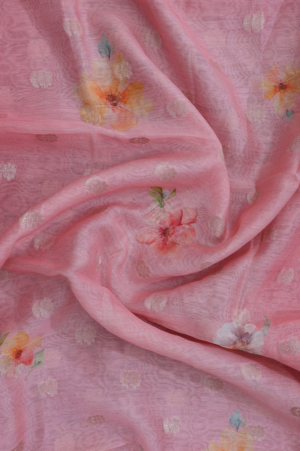 Floral Printed Design Pink Chanderi Dupatta