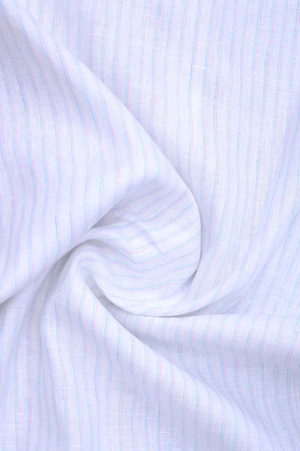 Regular Collar Stripes Design White Linen Shirt