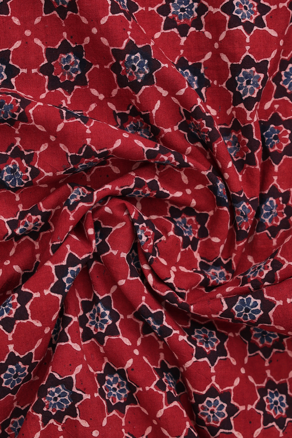 Chinese Collar Printed Design Red Ajrakh Cotton Short Kurta