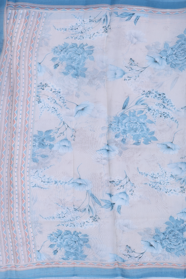 Organza Silk Saree In White With Floral Design