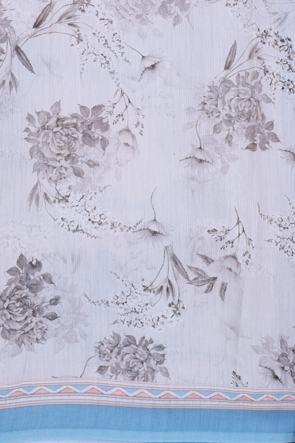 Organza Silk Saree In White With Floral Design