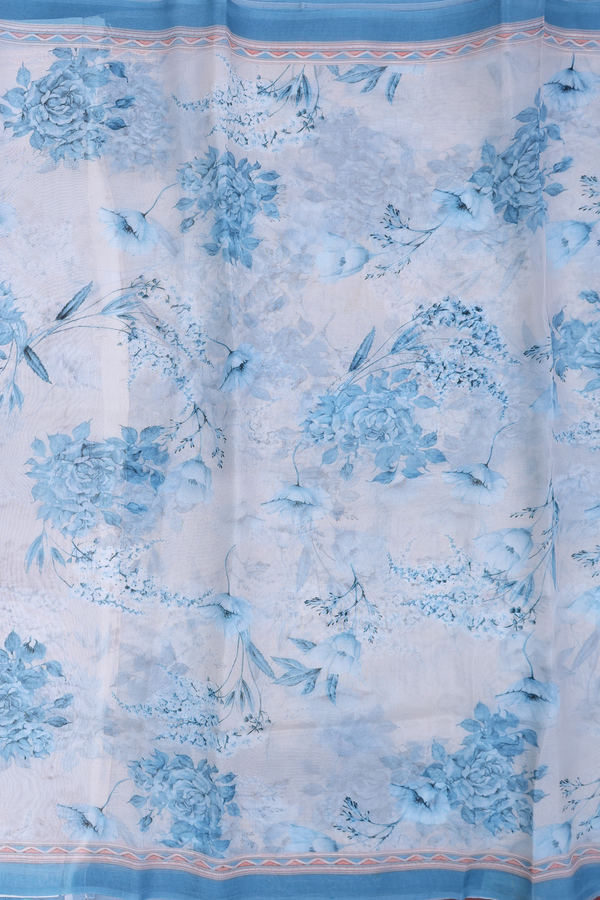 Organza Silk Saree In White With Floral Design