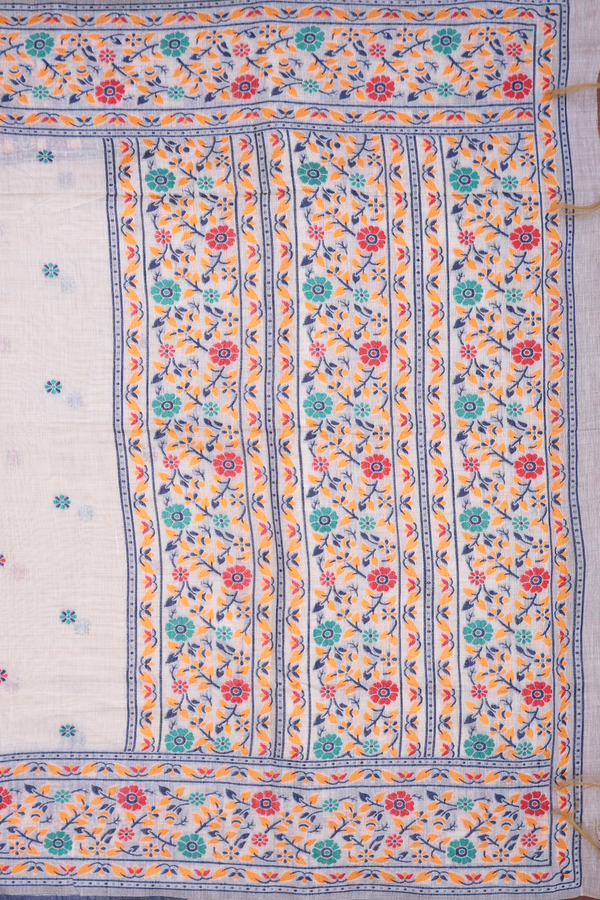 Chanderi Cotton Saree In White With Floral Threadwork Buttas