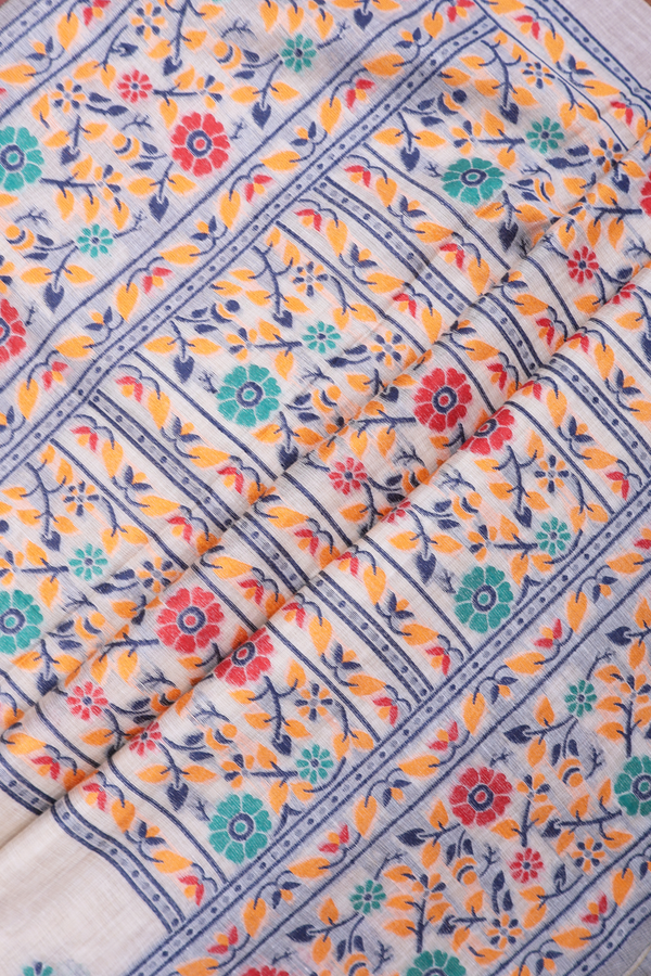 Chanderi Cotton Saree In White With Floral Threadwork Buttas