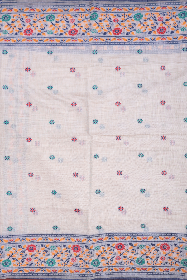 Chanderi Cotton Saree In White With Floral Threadwork Buttas