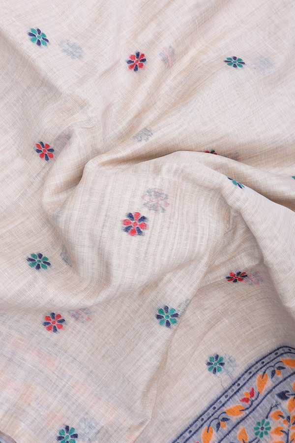 Chanderi Cotton Saree In White With Floral Threadwork Buttas