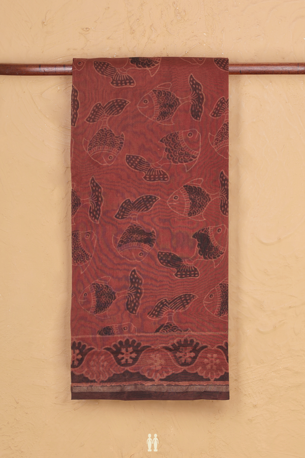Chanderi Silk Cotton Saree In Rust Brown With Fish Design