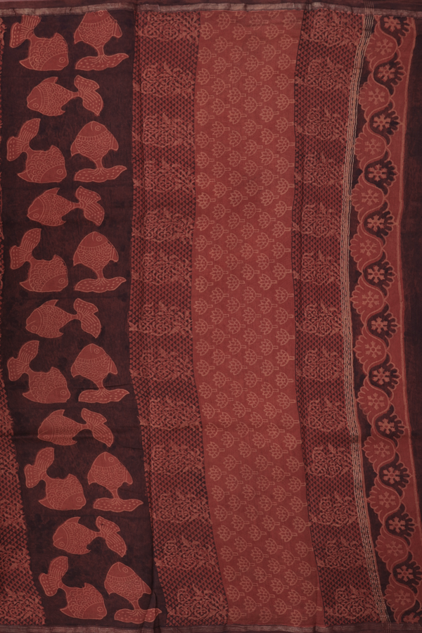 Chanderi Silk Cotton Saree In Rust Brown With Fish Design