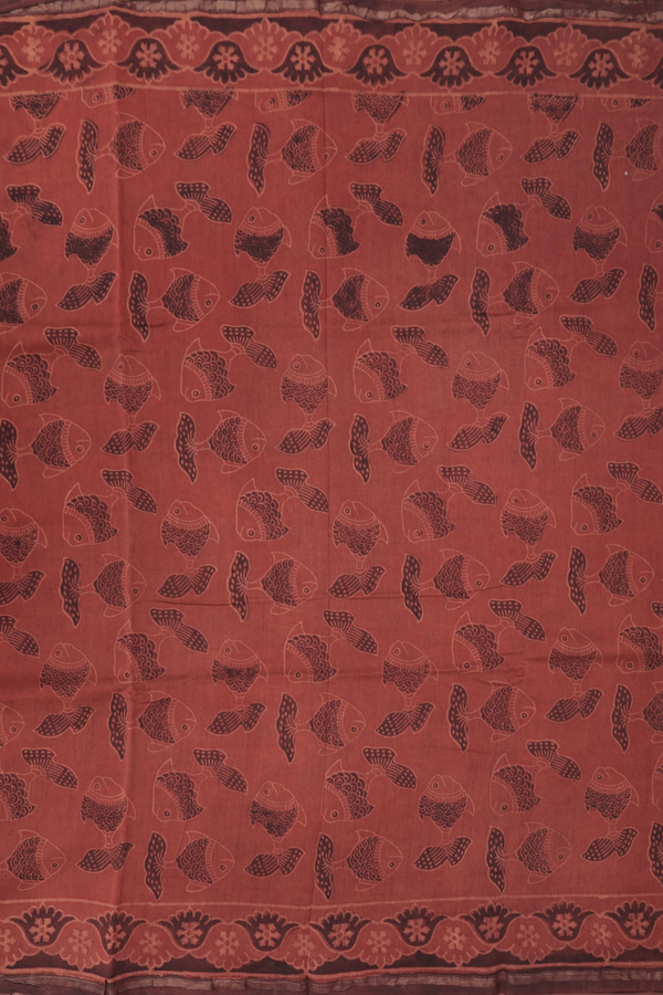 Chanderi Silk Cotton Saree In Rust Brown With Fish Design