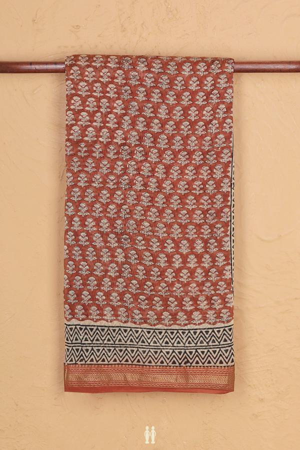 Chanderi Cotton Saree In Rust Brown With Floral Buttas