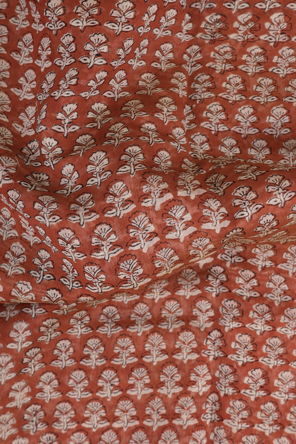 Chanderi Cotton Saree In Rust Brown With Floral Buttas
