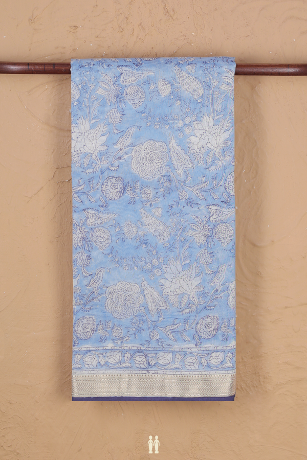 Chanderi Cotton Saree In Blue With Floral Design