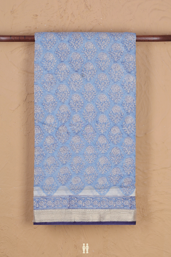 Chanderi Cotton Saree In Blue With Floral Motifs