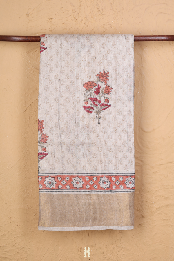 Tussar Silk Saree In Cream Color With Floral Motifs