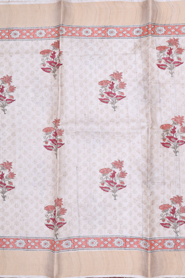 Tussar Silk Saree In Cream Color With Floral Motifs