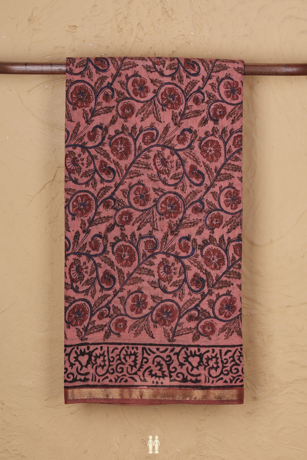 Chanderi Cotton Saree In Dusty Red With Floral Design