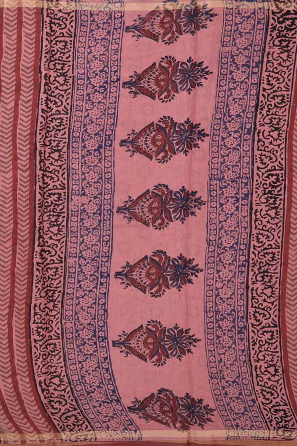 Chanderi Cotton Saree In Dusty Red With Floral Design