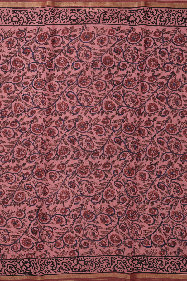 Chanderi Cotton Saree In Dusty Red With Floral Design