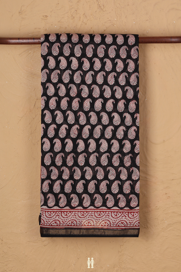 Chanderi Cotton Saree In Black With Paisley Design