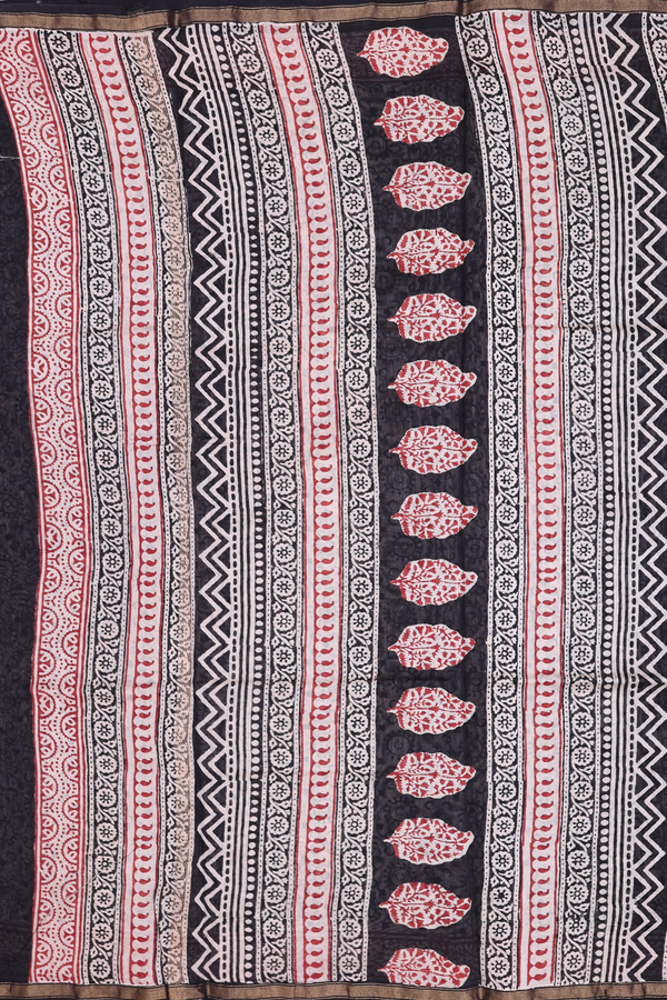 Chanderi Cotton Saree In Black With Paisley Design