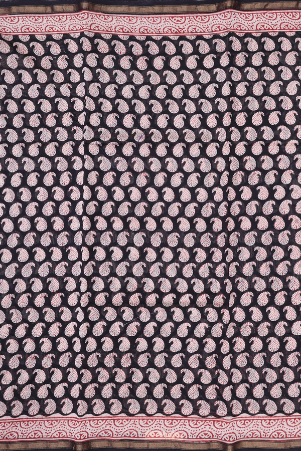 Chanderi Cotton Saree In Black With Paisley Design