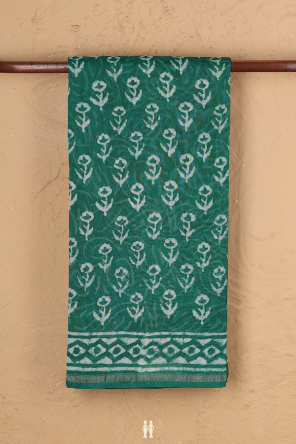 Chanderi Cotton Saree In Peacock Green With Floral Buttas