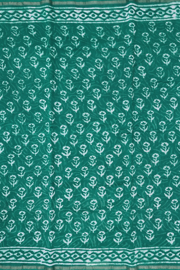 Chanderi Cotton Saree In Peacock Green With Floral Buttas
