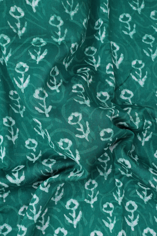 Chanderi Cotton Saree In Peacock Green With Floral Buttas