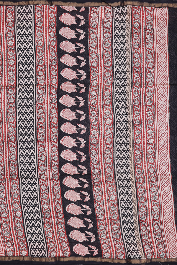 Chanderi Cotton Saree In Black With Printed Design