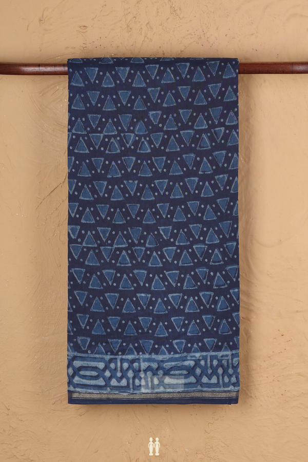 Chanderi Cotton Saree In Navy Blue With Triangle Buttas
