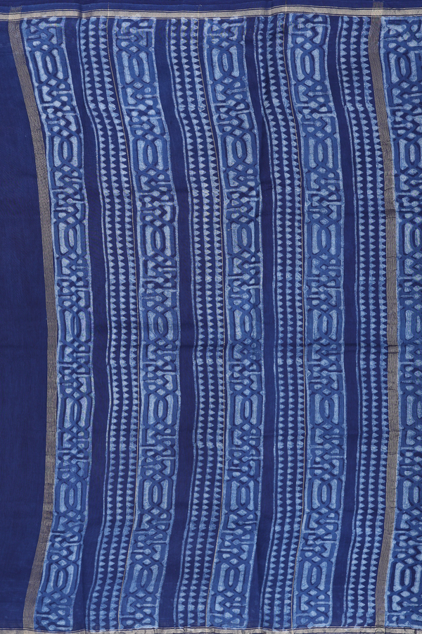 Chanderi Cotton Saree In Navy Blue With Triangle Buttas
