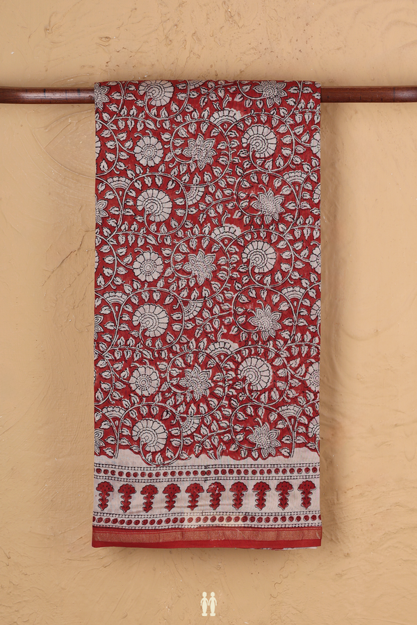 Chanderi Cotton Saree In Red With Floral Design