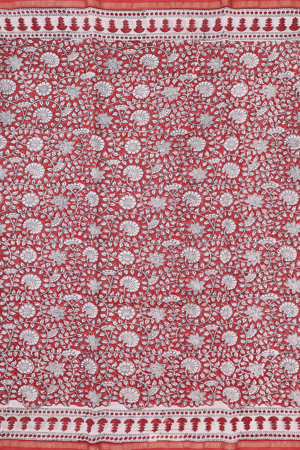Chanderi Cotton Saree In Red With Floral Design