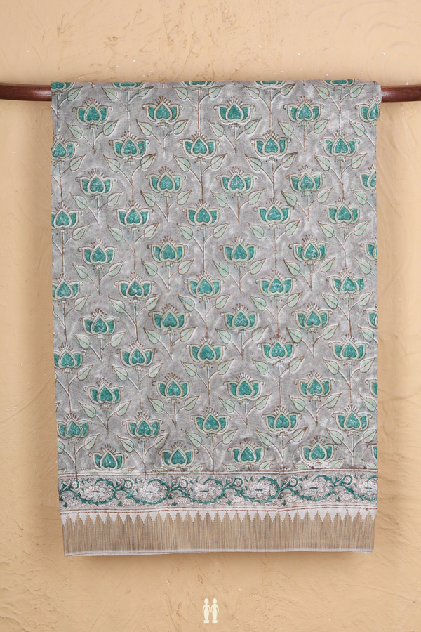 Printed Mangalagiri Cotton Saree In Grey With Floral Design