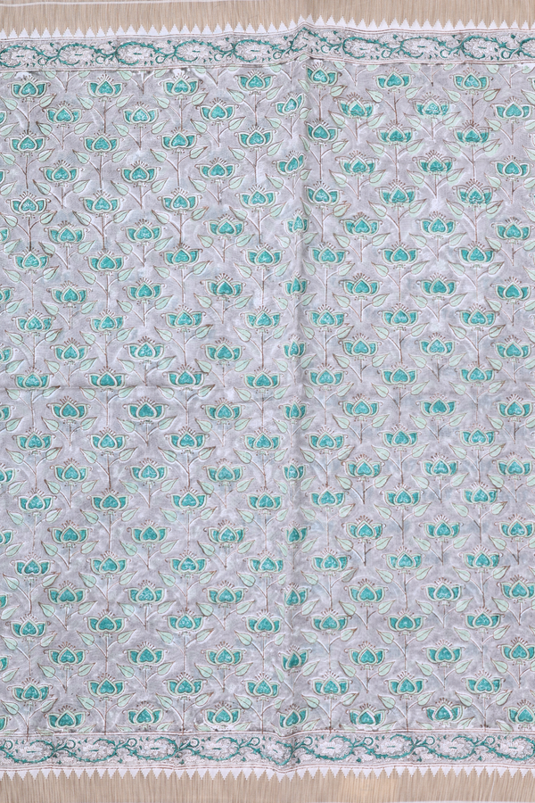 Printed Mangalagiri Cotton Saree In Grey With Floral Design